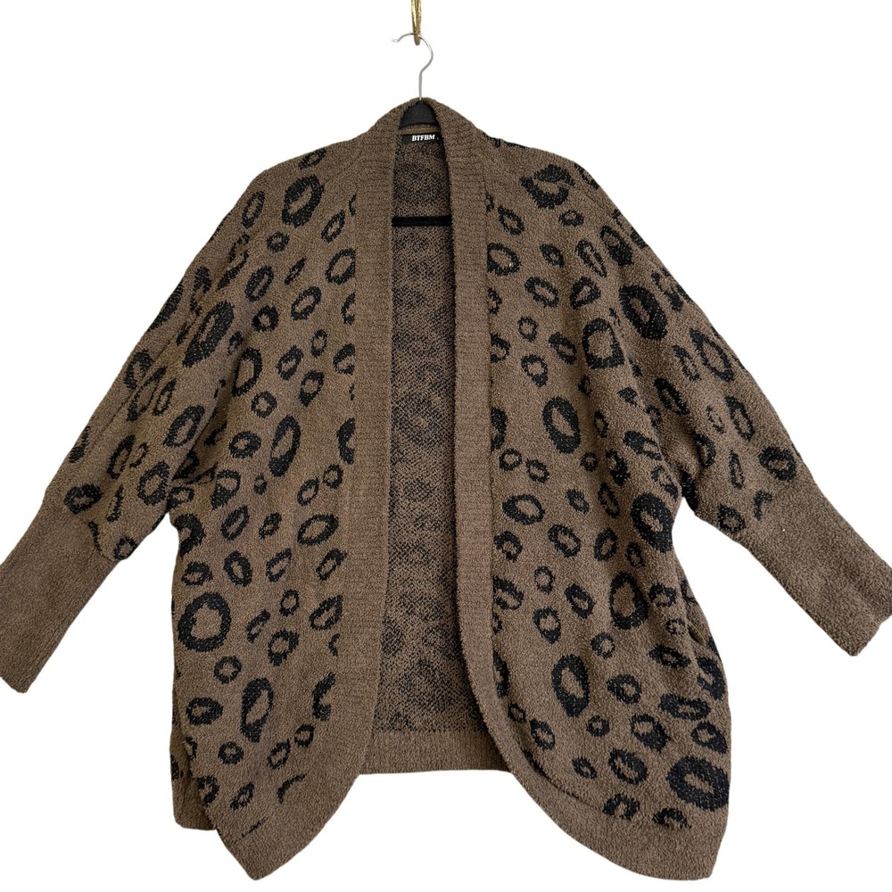 BTFBM‎ Cardigan Sweater Womens Large Brown Black Leopard Open Front Cocoon Knit